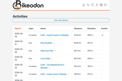 All your rides in one place — distance, elevation, moving time, and post status at a glance